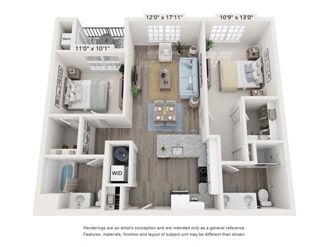 Floor plan for 2 beds, 2 baths, 1002 sqft